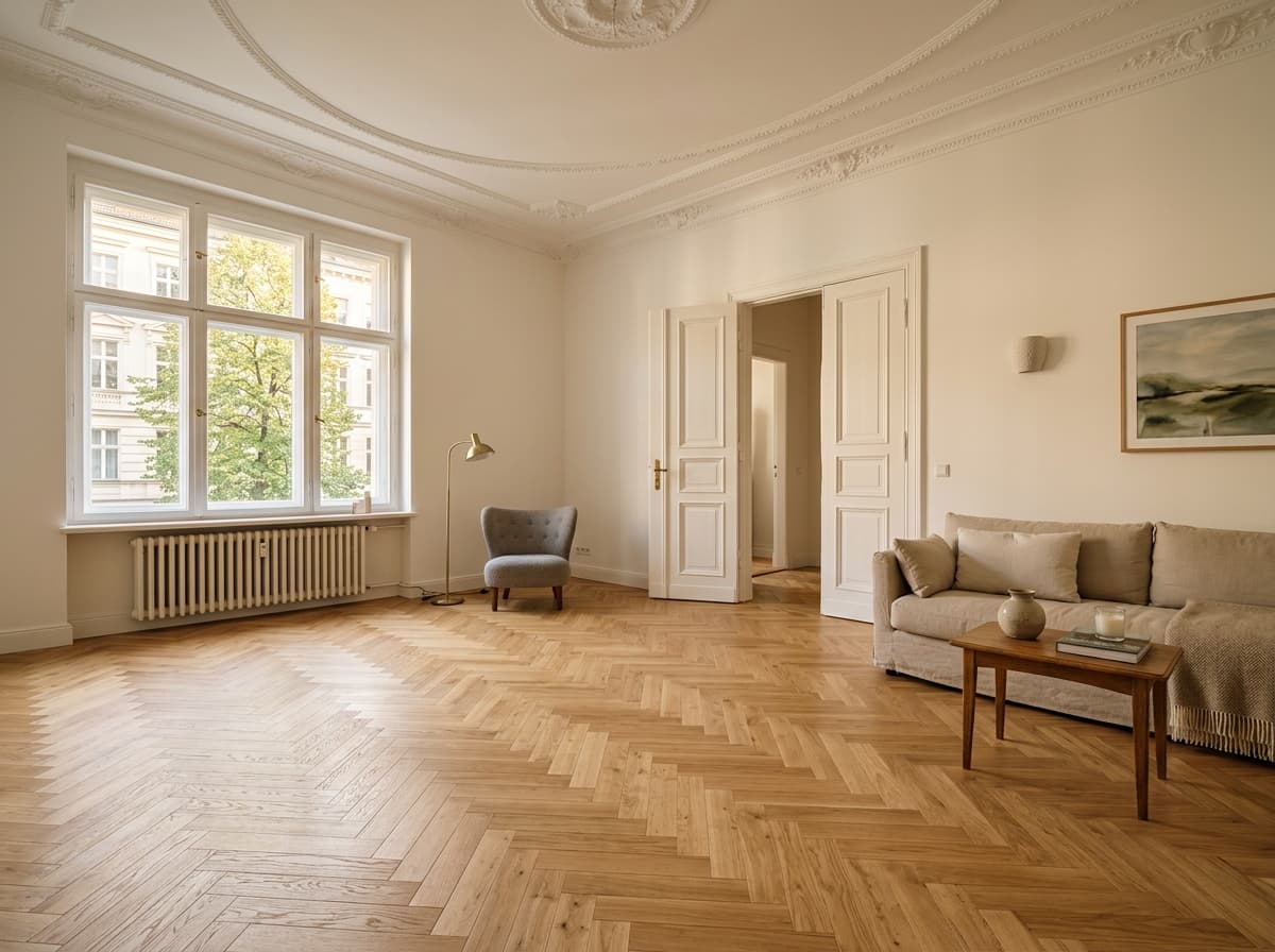 Fischgrät-Parkett im Altbau-Wohnzimmer