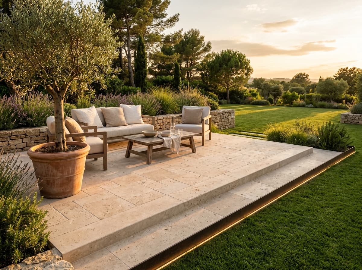 Terrasse in hellem Travertin